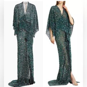 REEM ACRA Sequin Wrap Gown in Emerald / Silver Cape maxi front-slit dress